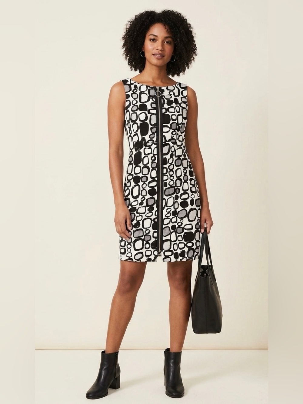 Uncle Frank Retro Geometric Black & White Abstract Shift Dress Front Zip S